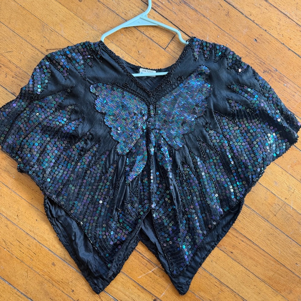 Vintage Sequin Butterfly Black Top